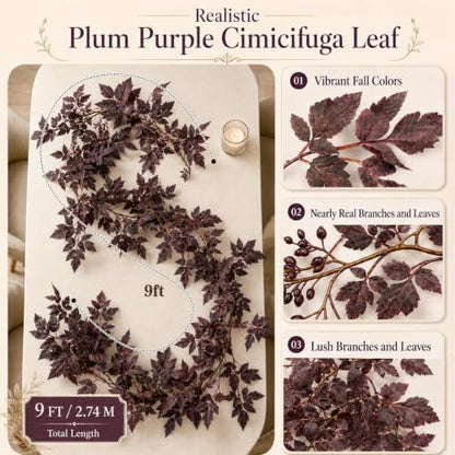 9FT Plum Cimicifuga Seeded Garland Artificial Fall Leaf Decor for Mantel