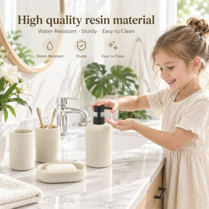 Beige Bathroom Accessory Set 4 Pieces - Toothbrush Holder, Soap Dish, Lotion Bottle, Cup - Resin