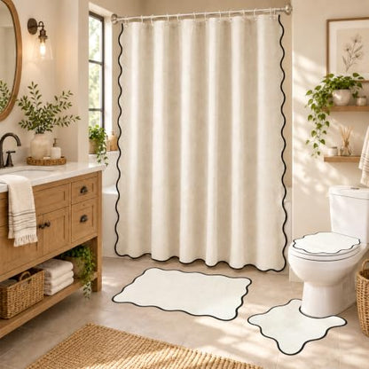 Beige and Black Bathroom Decor Set with Scalloped Edges - Minimalist 4-Piece