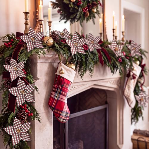 White Plaid Christmas Poinsettia Ornaments - 9 Inch Set of 12 with Gold Beads & Glitter