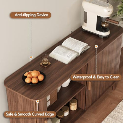 55-Inch Walnut Fluted Sideboard Buffet Cabinet with Sliding Door - Mid-Century Modern Storage