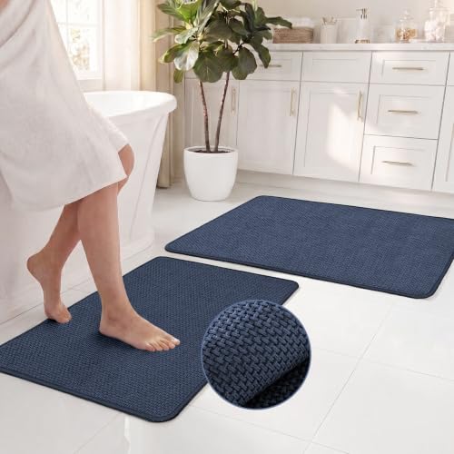 2-Piece Bathroom Mat Set - Absorbent Chenille Rugs, Non-Slip, Machine Washable, 32x20 & 24x17 inches, Blue