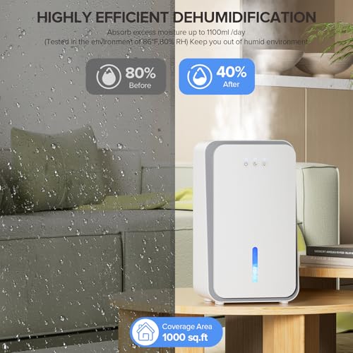 White 1000 sq ft Dehumidifier for Home & Basement with Aromatherapy, Auto Shut Off & 7 LED Colors