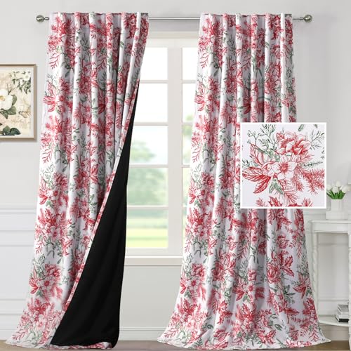 Blackout Christmas Curtain Set 52x96 Inches Vintage Floral 2 Panels - Red & Green