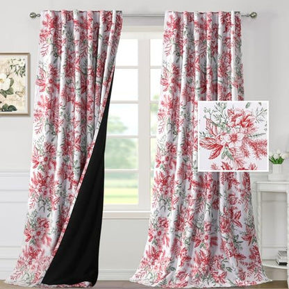 Blackout Christmas Curtain Set 52x96 Inches Vintage Floral 2 Panels - Red & Green