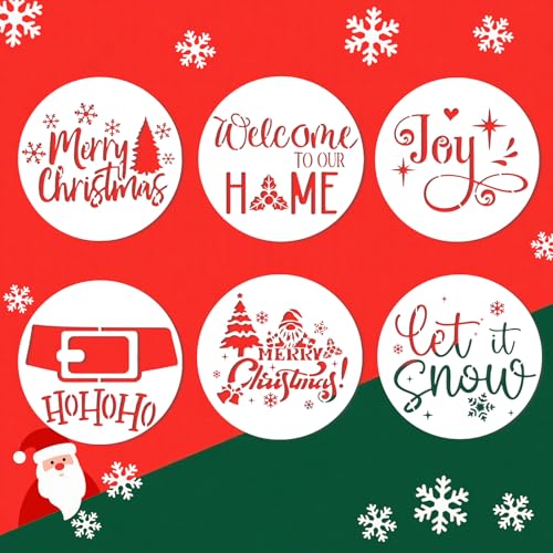 Round Christmas Stencils Set - 6pcs 12-Inch Holiday Decor Templates with Festive Phrases & Designs