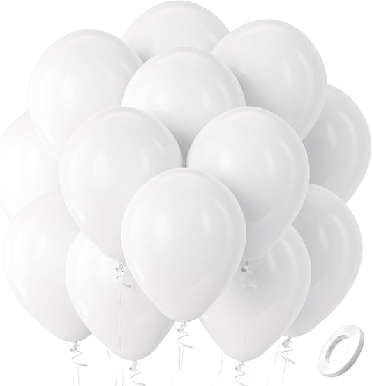 Bezente White Latex Balloons - 100 Pack 12-Inch Round Helium Balloons for Weddings & Parties
