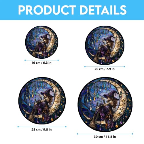 Moonlight Witch Suncatcher Stained Glass Panel 11.8 Inch – UV-Printed Halloween Decor with Frame & Hanging Chain - Variation 1 / 16cm/6.3in