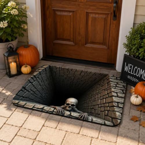 Halloween Optical Illusion Rug - 3D Bottomless Pit Non-Slip Bath Mat, 24x16 Inches