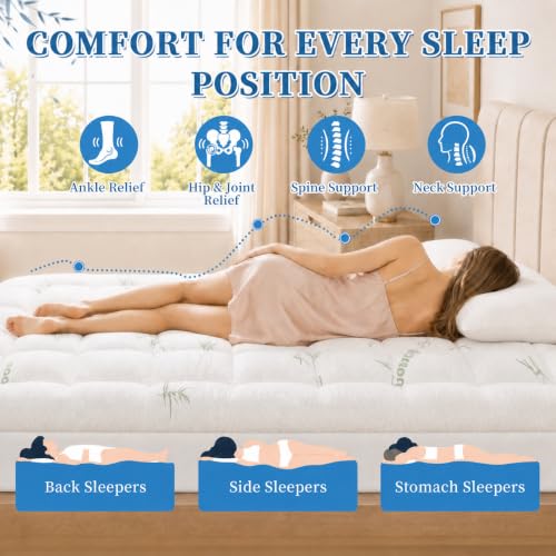 King Mattress Topper - White Pillow Top Mattress Pad for Back Pain Relief