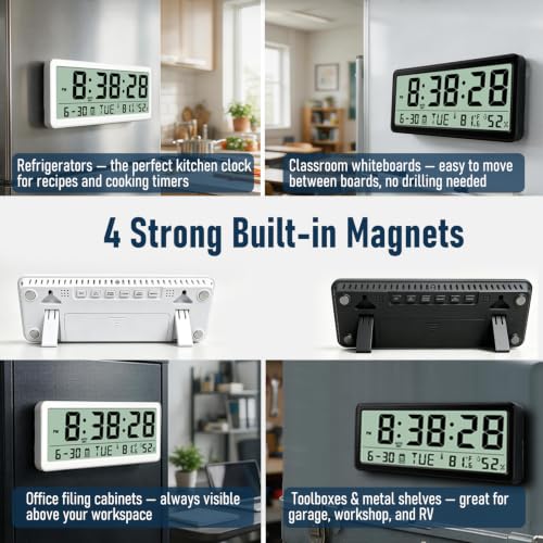 White Magnetic Digital Clock with Seconds 8.5 Inch LCD Alarm for Fridge