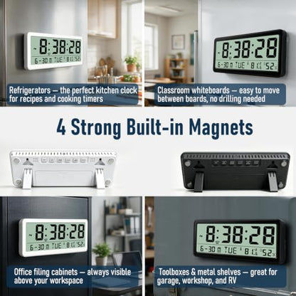 White Magnetic Digital Clock with Seconds 8.5 Inch LCD Alarm for Fridge
