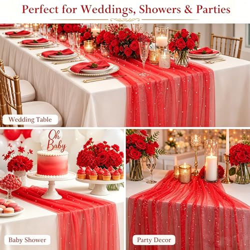 Pearl Red Table Runner 10FT - Tulle Gauze Decor for Weddings & Parties - Red / 1