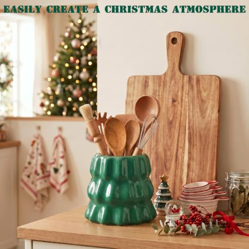 Green Ceramic Christmas Tree Utensil Holder - Kitchen Organizer, Holiday Decor