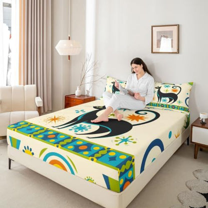 Queen Size Black Cat Bedding Set with Colorful Star Dots - 4Pcs Kids & Adults Bed Sheets
