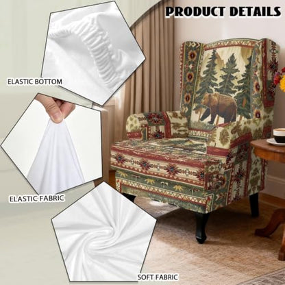 Tribal Mountain Bear Wingback Chair Slipcover with Ottoman Set - Protective Furniture Cover