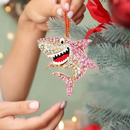Pink Shark Christmas Ornament - Coastal Metal Holiday Decor for Tree, Wall & Gift