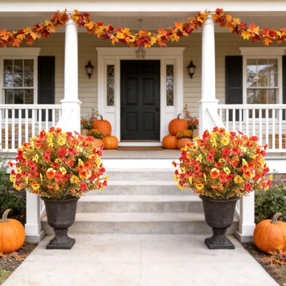Artificial Fall Flower Topiary Set with Stakes - 27.5 Inch, Orange, Yellow, Red