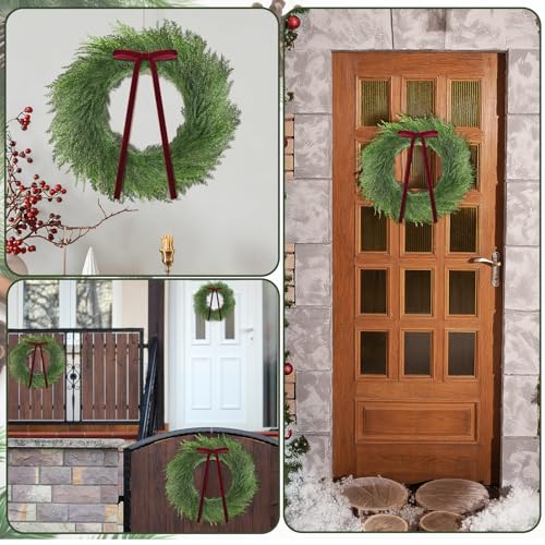 Christmas Cedar Wreath Set - 20 Inch with Red Ribbon Bow - Pack of 3