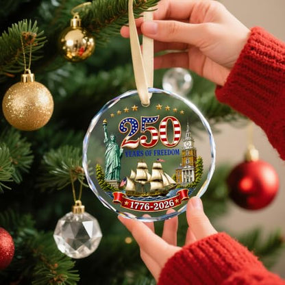 USA 250th Anniversary Crystal Glass Ornament Patriotic Stars 1776-2026