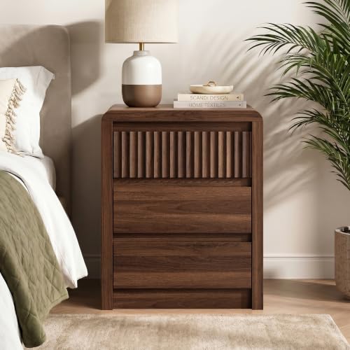 Walnut Fluted Nightstand Set of 2 with 3 Drawers - 24.4 in Tall End Tables