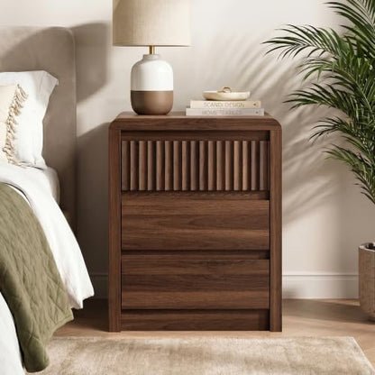 Walnut Fluted Nightstand Set of 2 with 3 Drawers - 24.4 in Tall End Tables
