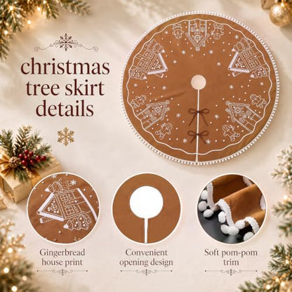 48 Inch Christmas Gingerbread Tree Skirt Velvet with White Pom Poms