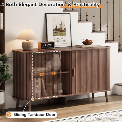 55-Inch Walnut Fluted Sideboard Buffet Cabinet with Sliding Door - Mid-Century Modern Storage