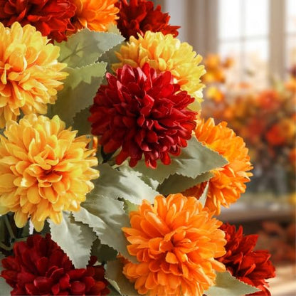 Artificial Fall Flowers Topiary Balls - Fake Mums for Outdoors, Orange, 2 Pack