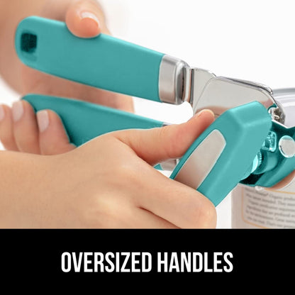 The Original Gorilla Grip Heavy Duty Stainless Steel Smooth Edge Manual Hand Held Can Opener With Soft Touch Handle, Rust Proof Oversized Handheld Easy Turn Knob, Large Lid Openers, Turquoise