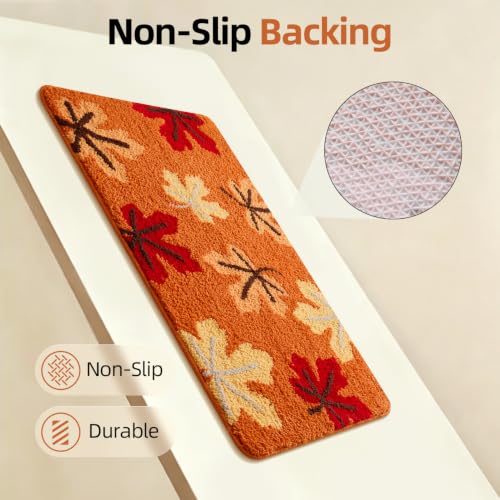 Fall Bathroom Rug 24x36 Inches, Non Slip Washable Orange Bath Mat