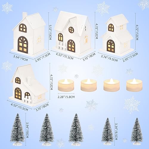 9pcs Christmas Village Set with LED Lighted Houses & Frosted Trees - Winter Holiday Decor