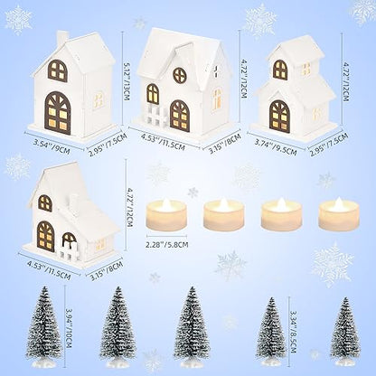 9pcs Christmas Village Set with LED Lighted Houses & Frosted Trees - Winter Holiday Decor