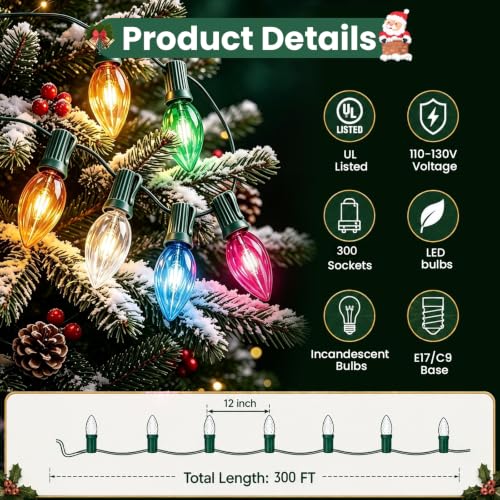 300FT Christmas C9 Light Strand with 300 Sockets, Cuttable Green Wire Reel, E17 Base - Holiday Decor