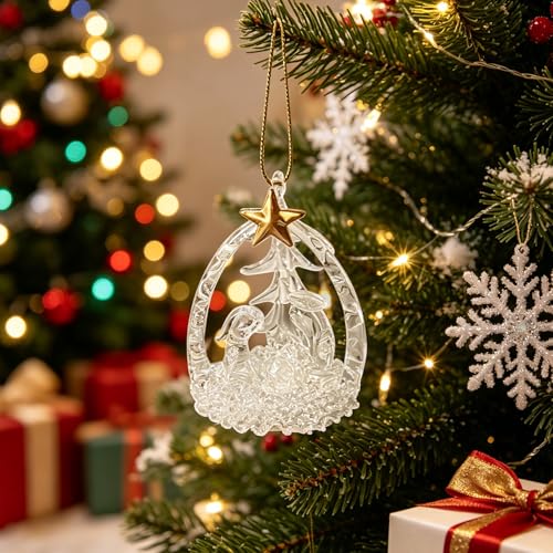 Glass Nativity Christmas Tree Ornaments Set of 2 with Gold Star - Holiday Decor