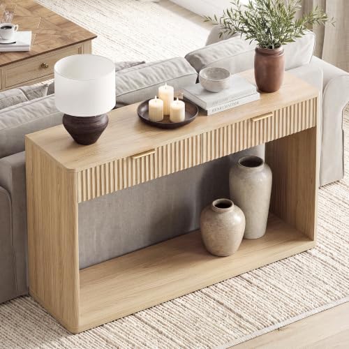 47-Inch Fluted Console Table with 2 Large Drawers for Entryway, Oak Finish