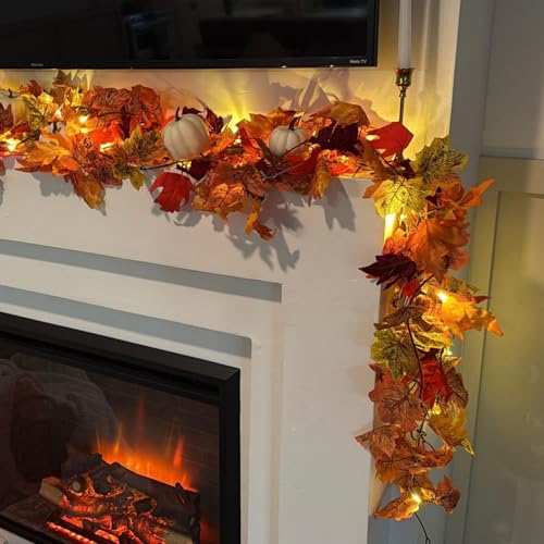 48FT Fall Leaf Garland with Lights - 8 Pack Autumn Decor for Halloween Thanksgiving