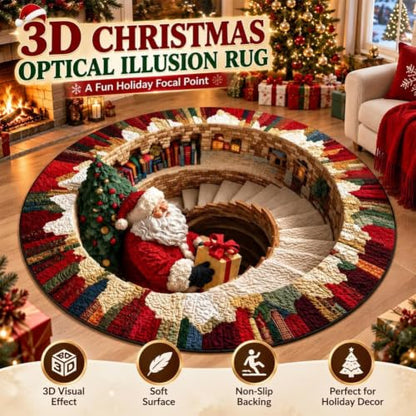 3D Optical Illusion Christmas Rug - Santa Vortex Round Floor Mat, 31.5 Inch Festive Decor