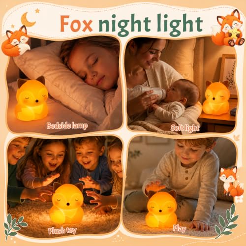 Kids Fox Night Light - Squishy Silicone Bedside Lamp for Nursery & Toddler