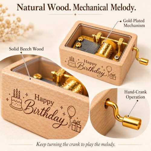 Happy Birthday Music Box - Mini Beech Wood Hand Crank Gift