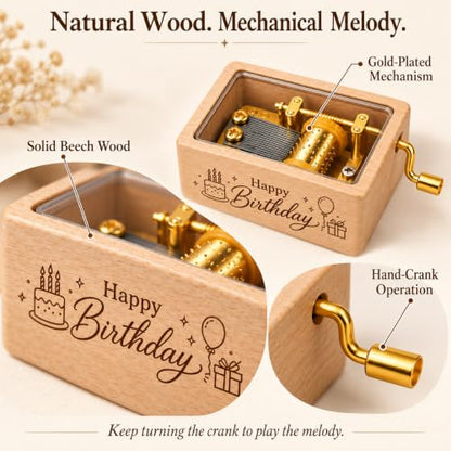 Happy Birthday Music Box - Mini Beech Wood Hand Crank Gift