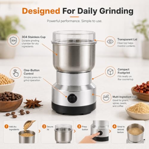 Silver High-Speed Stainless Steel Grain & Spice Grinder with Coffee Mill Attachment