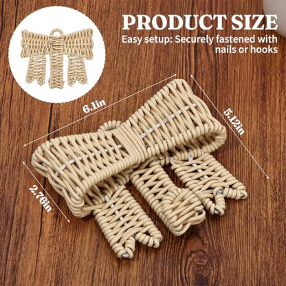 4 Pack Handwoven Rattan Bow Wall Hooks - Boho Decorative Wall Hangings