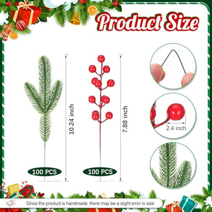 Christmas Pine Branch Picks with Red Berries - Needle Style - 200 Pieces