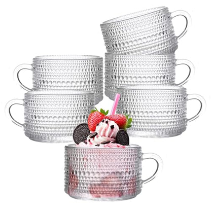 6 Pcs Clear Embossed Glass Coffee Mugs with Handle - 14oz Drinkware Set
