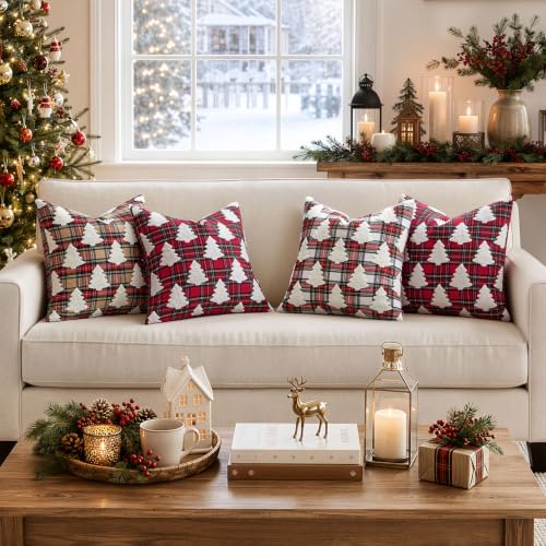 Christmas Pillow Covers 20x20 Set of 2 - Red Tartan & Tufted Tree Farmhouse Decor