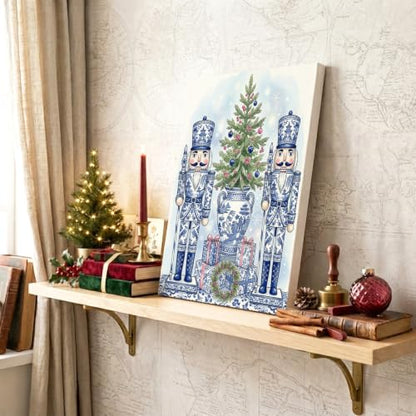 Chinoiserie Nutcracker Holiday Canvas Wall Art 12x8 Blue & White Decor