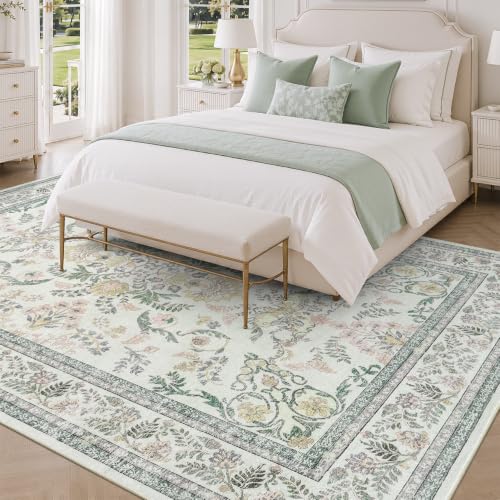 Green and Beige Washable 6x9 Rug - Non-Slip Backing, Soft Cotton Feel, Floral Design - Variation of Green & Multicolor / 6' x 9' (Rectangular)