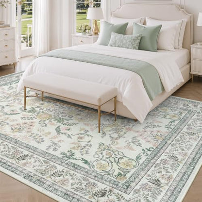 Green and Beige Washable 6x9 Rug - Non-Slip Backing, Soft Cotton Feel, Floral Design - Variation of Green & Multicolor / 6' x 9' (Rectangular)