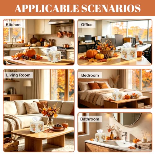 Fall Tissue Box Cover - Autumn Pumpkin & Maple Leaves PU Leather Decor